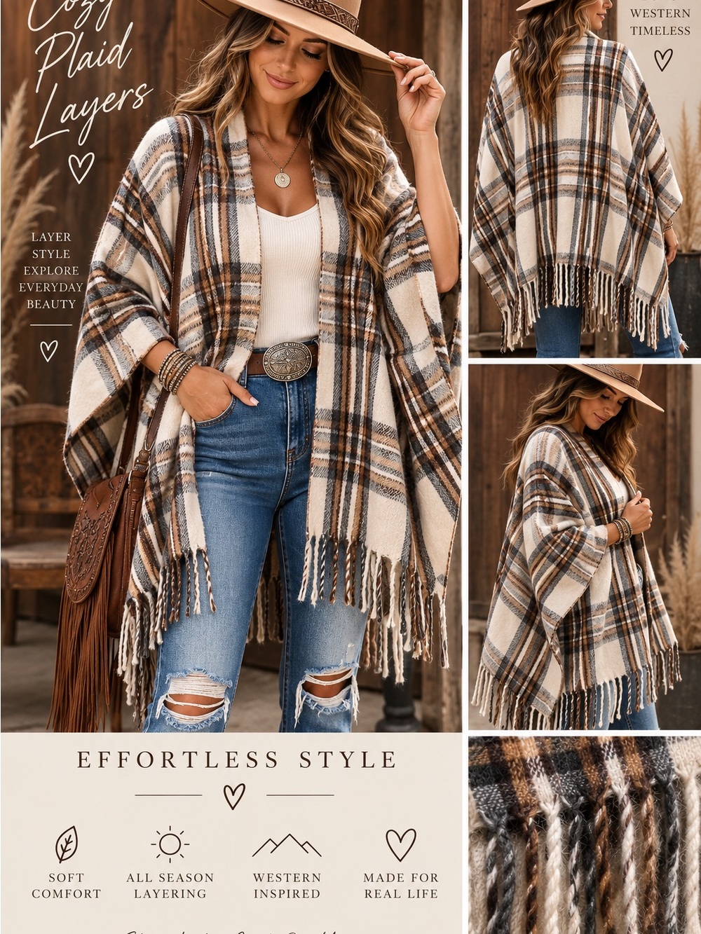 Cozy Plaid Fringe Throw Poncho - Cream, Brown & Gray